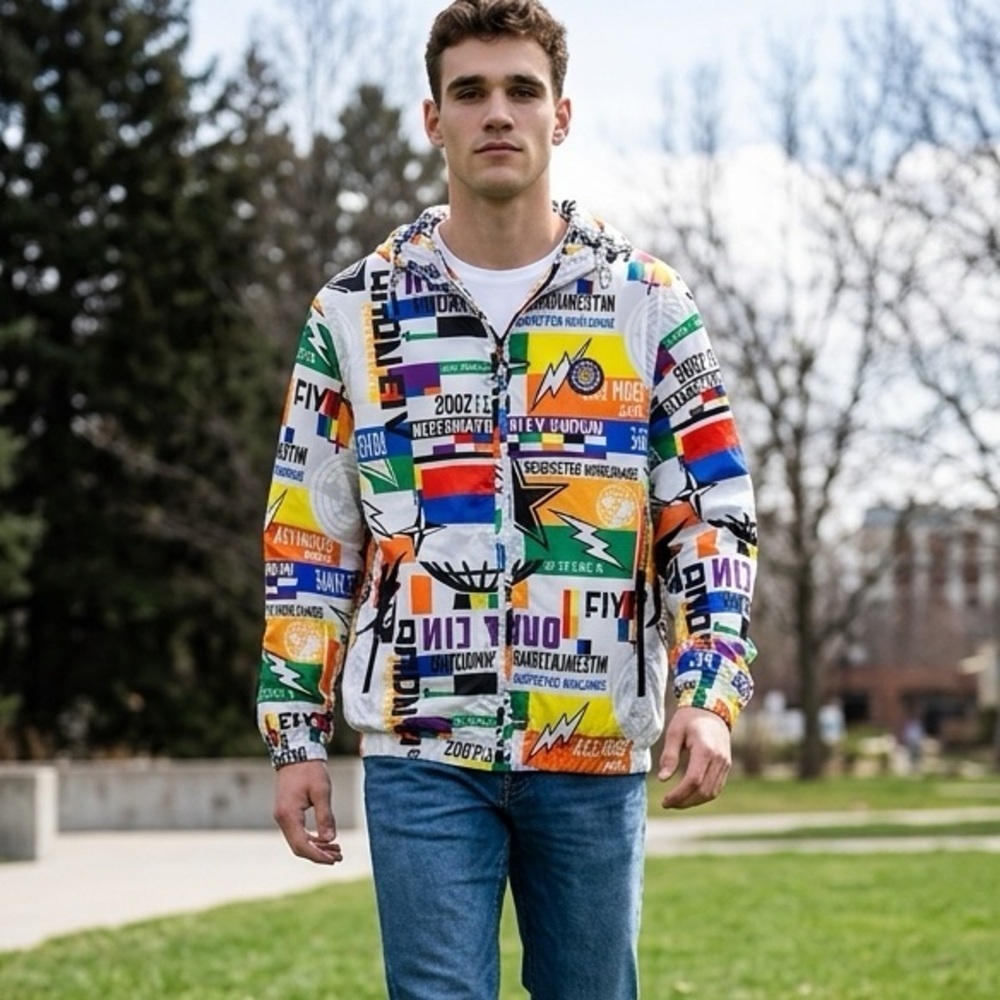 NWT Born Fly Internationally Known Colorful Graphic Print Windbreaker Jacket - S
